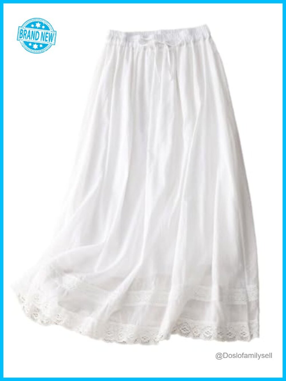 Cotton Linen Midi Skirt High Elastic Waist A-Line Embroidery Flowy